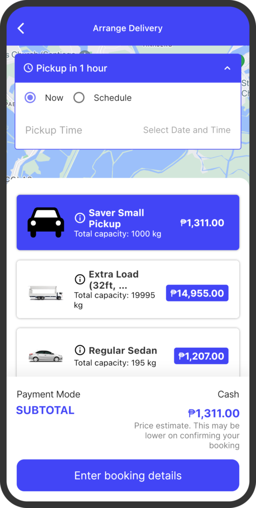 A screenshot of the the yufin app's 'Delivery' page, showing the pickup schedule, a list of available vehicles with their capacities and prices, payment options, subtotal, and an "Enter Booking Details" button.