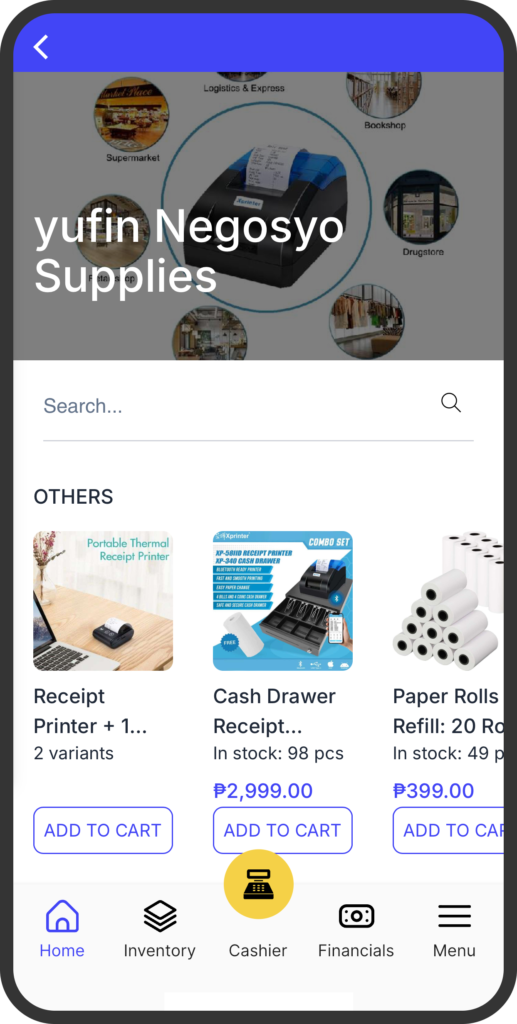 A screenshot of the yufin app's 'Negosyo Supplies' page, showing a search bar, and a product catalog with photos, names, prices, and "Add to Cart" buttons.