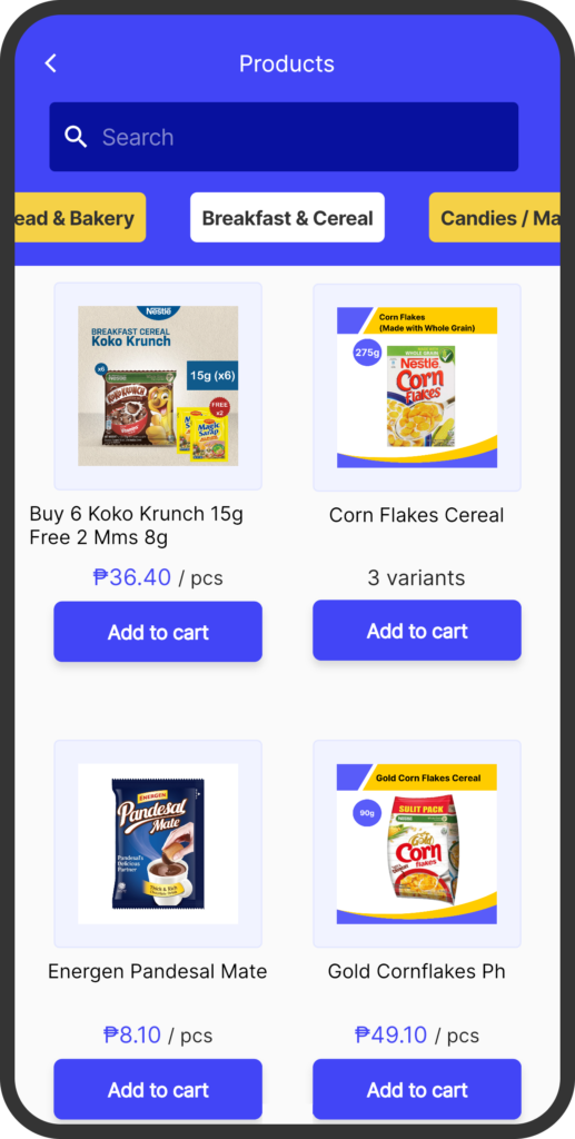 A screenshot of the yufin app's 'Products' page, showing a search bar, categories, and a product catalog with photos, names, prices, and "Add to Cart" buttons.