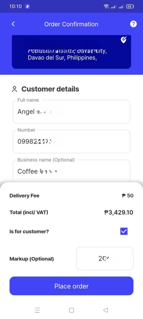 A screenshot of the yufin app's 'Order Confirmation' page, showing the delivery address, customer details (name, number, and business name), delivery fee, total amount, and a "Place Order" button.