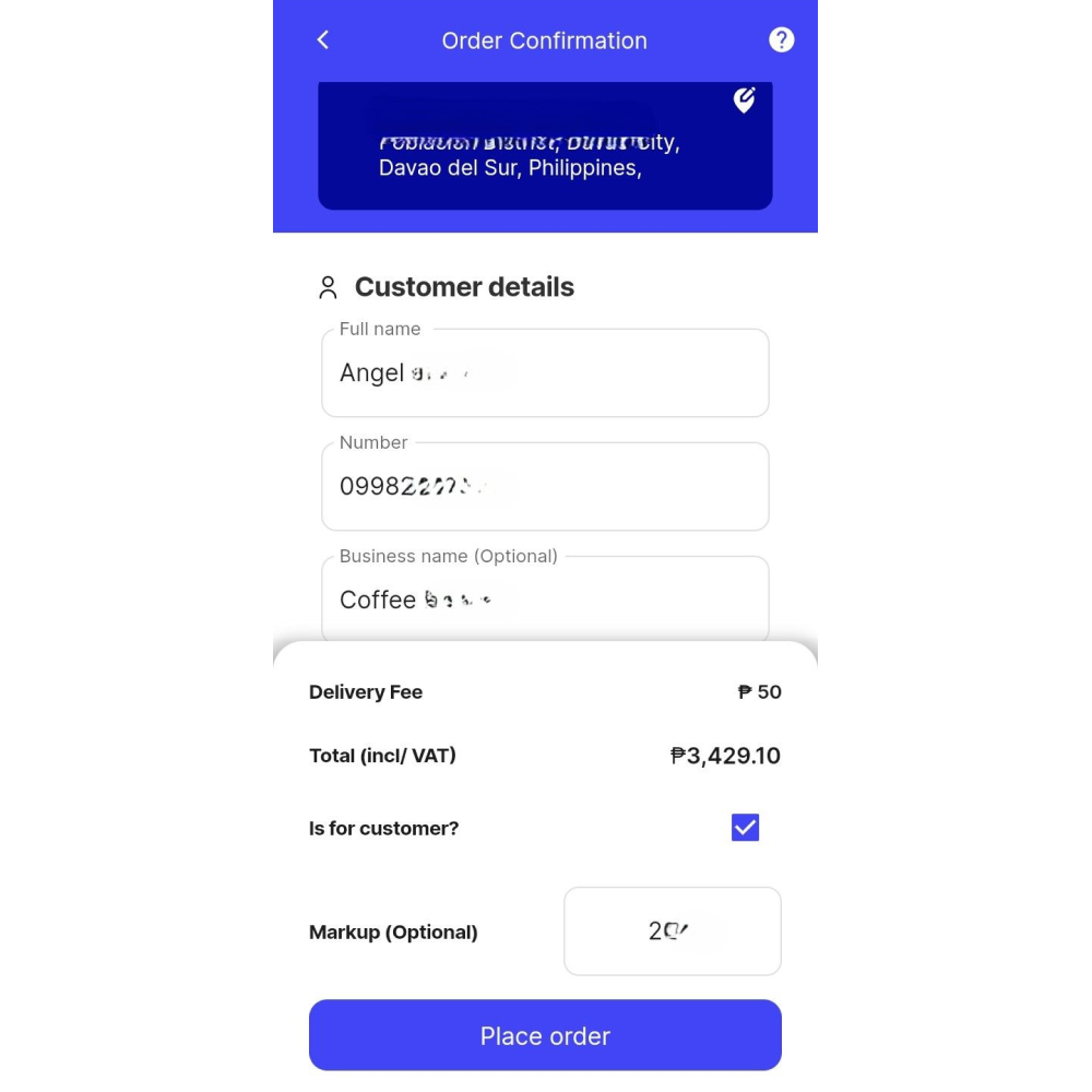 A screenshot of the yufin app's 'Order Confirmation' page, showing the delivery address, customer details (name, number, and business name), delivery fee, total amount, and a "Place Order" button.