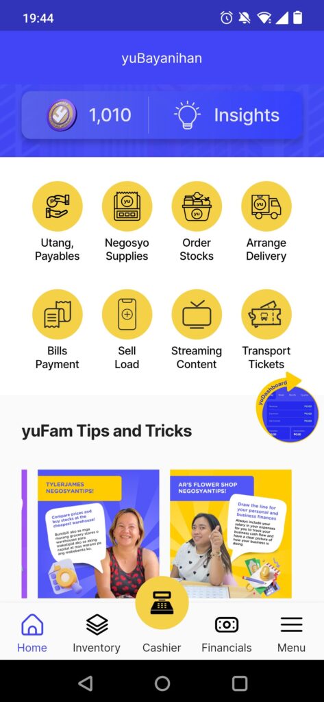 A screenshot of the yufin app's home page, showing the number of yuCoins earned, an "Insights" button, eight features ("Utang, Payables", "Negosyo Supplies", "Order Stocks", "Arrange Delivery", "Bills Payment", "Sell Load", "Streaming Content", and "Transport Tickets"), and "Tips & Tricks" section.