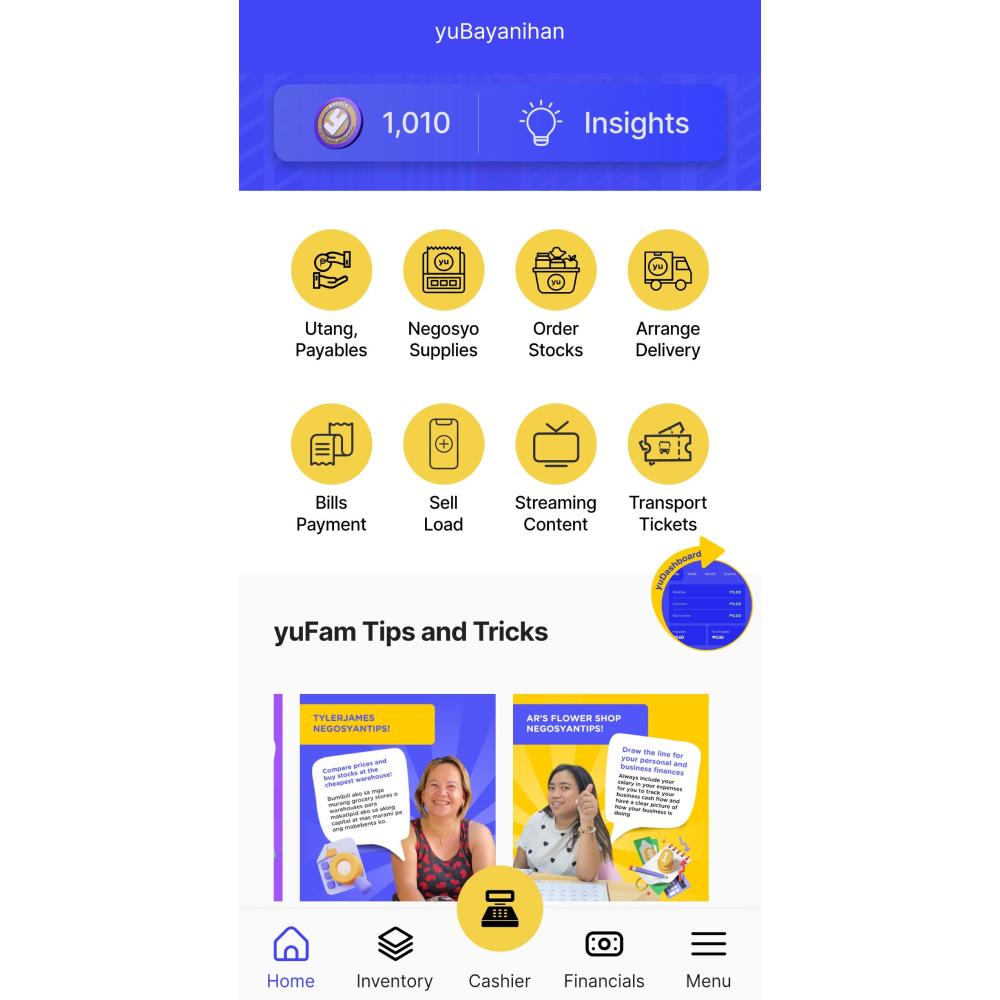 A screenshot of the yufin app's home page, showing the number of yuCoins earned, an "Insights" button, eight features ("Utang, Payables", "Negosyo Supplies", "Order Stocks", "Arrange Delivery", "Bills Payment", "Sell Load", "Streaming Content", and "Transport Tickets"), and "Tips & Tricks" section.