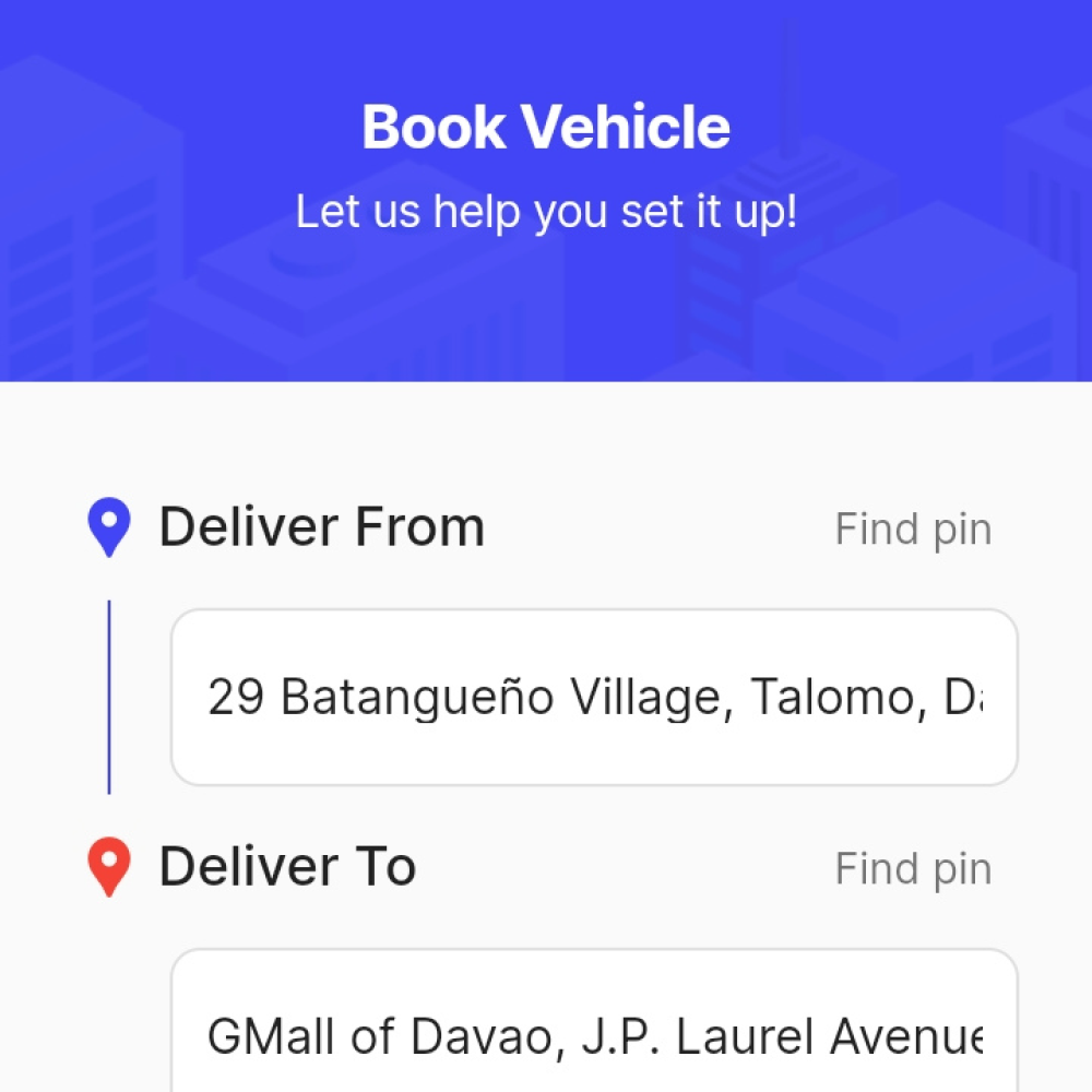 A screenshot of the yufin app's 'Delivery' feature, showing fields for entering pickup and drop off locations.