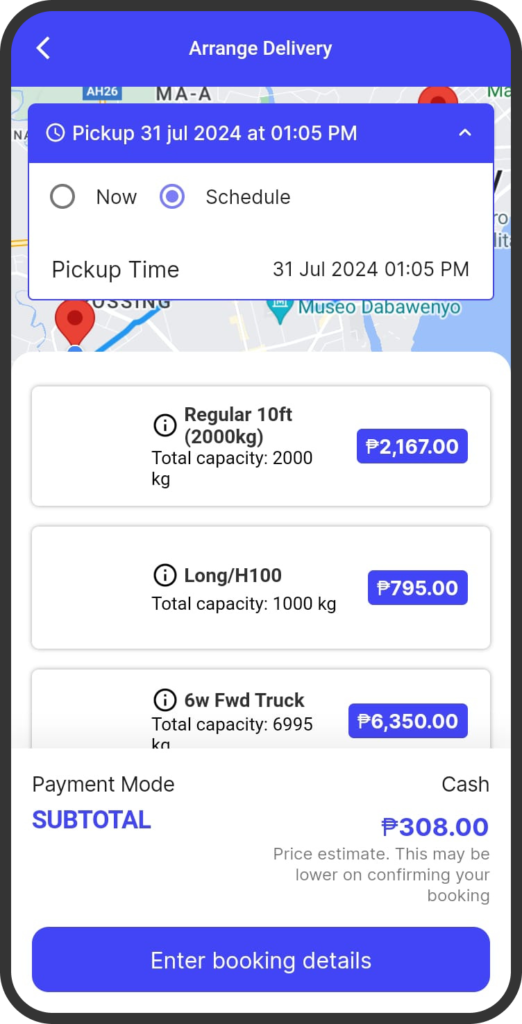 A screenshot of the yufin app's 'Delivery' page, showing the pickup schedule, a list of available vehicles with their capacities and prices, payment options, subtotal, and an "Enter Booking Details" button.