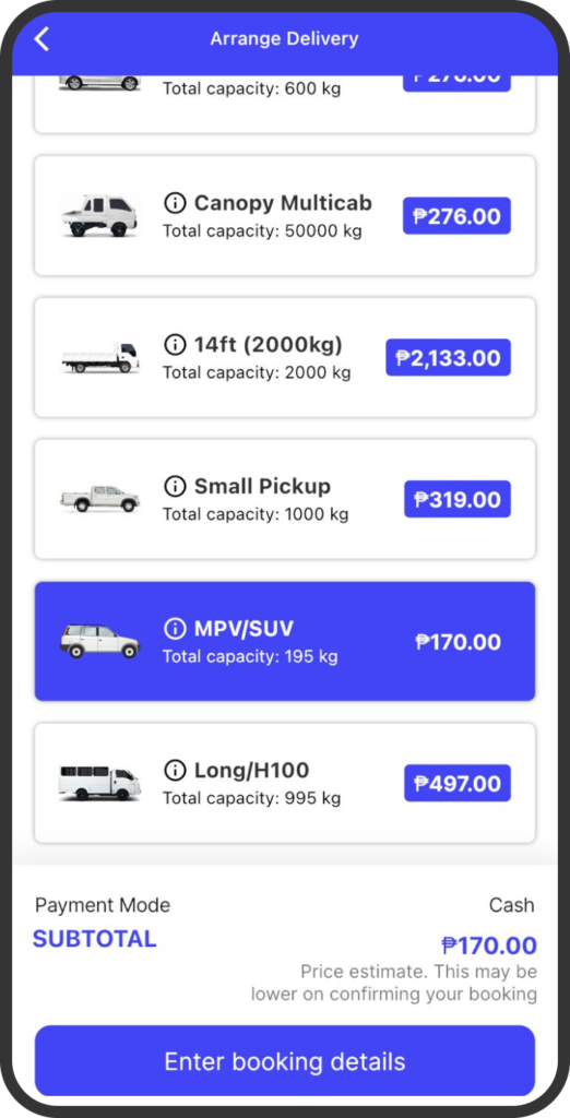 A screenshot of the yufin app's 'Delivery' page, showing a list of available vehicles with their capacities and prices, payment options, subtotal, and an "Enter Booking Details" button.