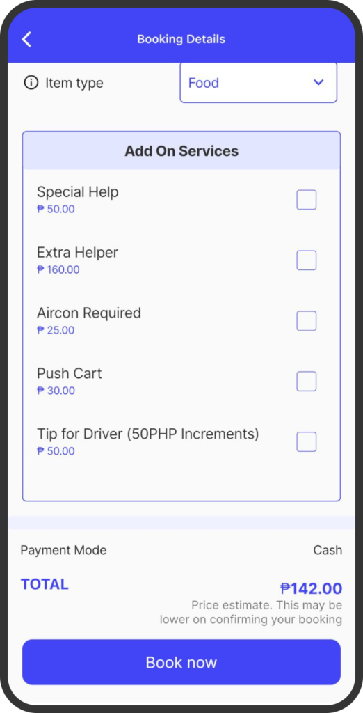 A screenshot of the yufin app's 'Delivery' page, showing the booking details with options for item type, a list of add-on services with prices, payment options, total amount, and a "Book Now" button.