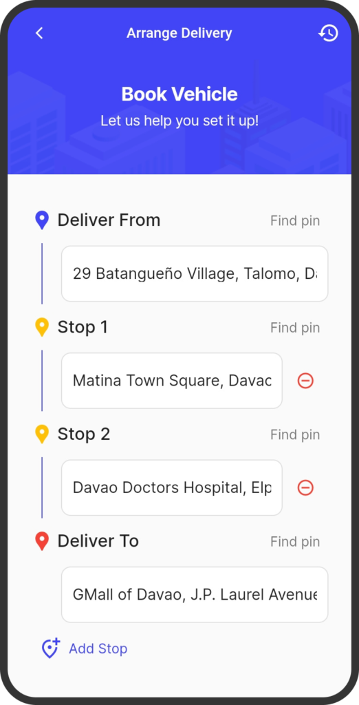 A screenshot of the yufin app's 'Delivery' feature, showing fields for entering pickup and drop off locations, with additional fields for multiple stop locations, and an "Add Stop" button.