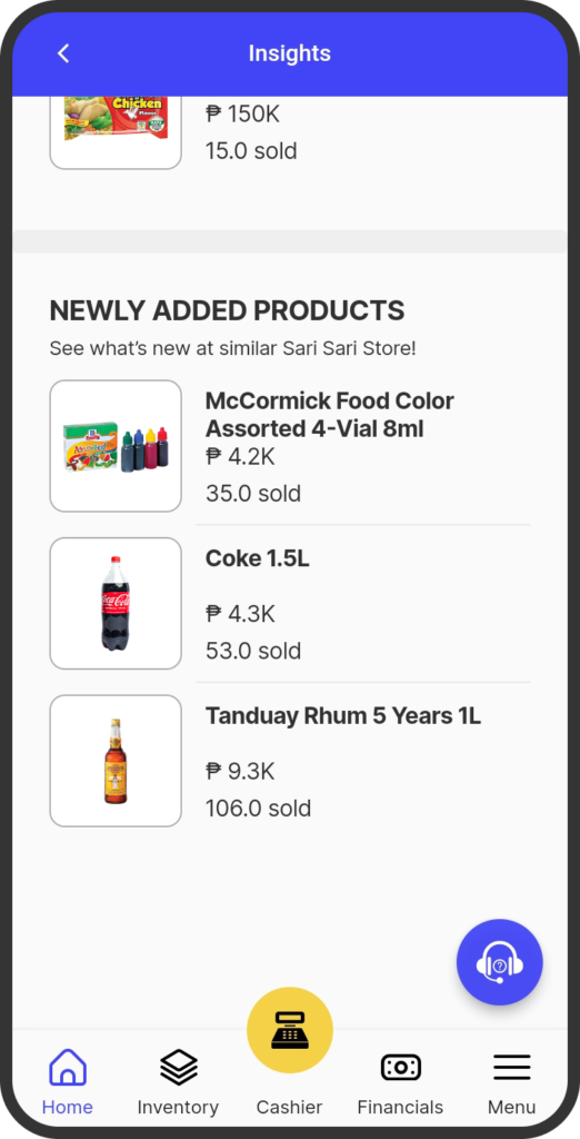 A screenshot of the yufin app's 'Insights' page, showing the newly added products with product photos, names, prices, and quantities sold.