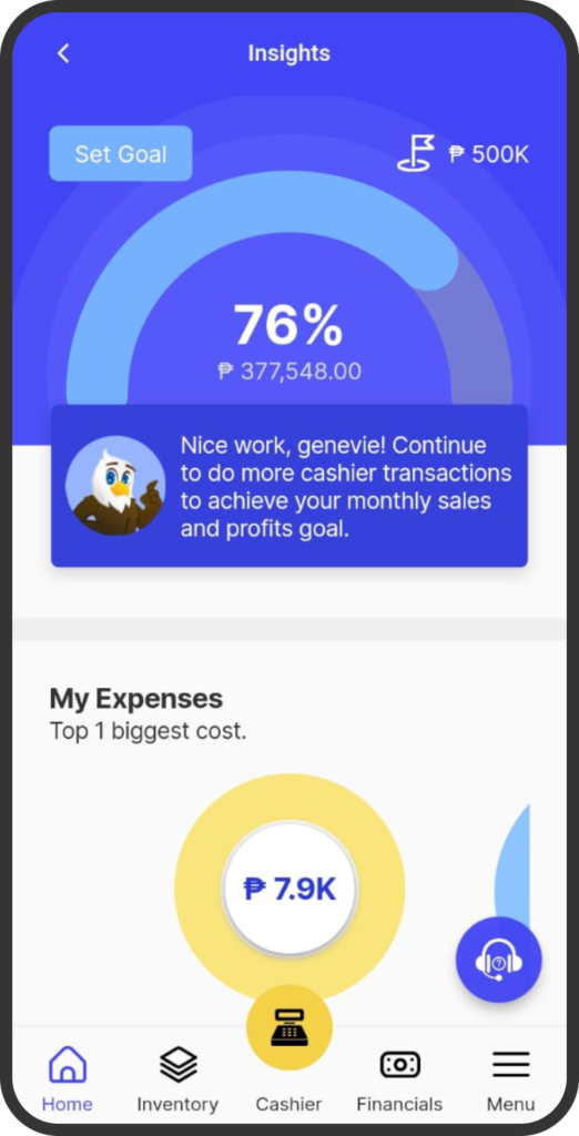 A screenshot of the yufin app's 'Insights' page, showing the goal amount, a "Set Goal" button, the percentage completed towards the goal, and an overview of expenses.