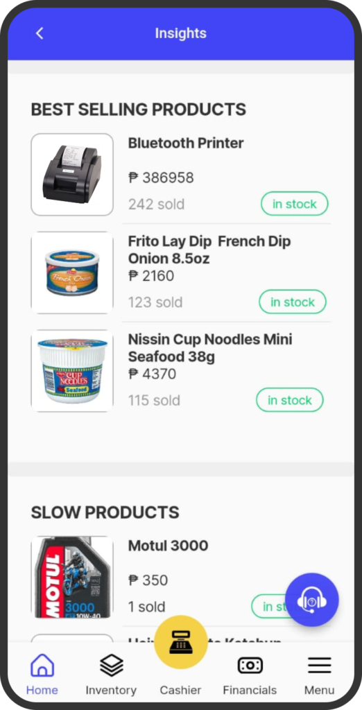 A screenshot of the yufin app's 'Insights' page, showing the best-selling and slow-moving products with their photos, names, quantities sold, and stock status.