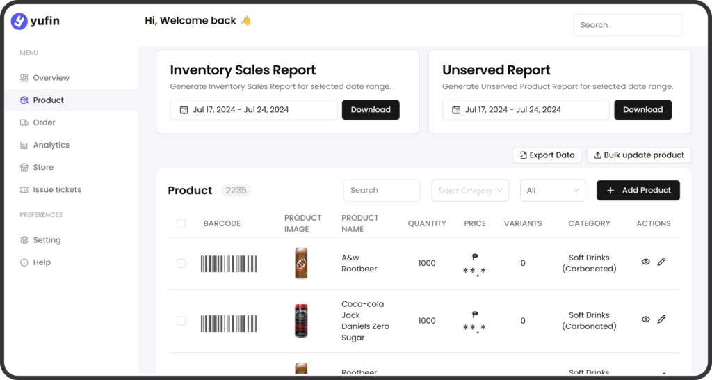 A screenshot of yufin's wholesaler dashboard, showing inventory sales and unserved reports, and a list of products with their barcodes, photos, names, quantities, price, variants, and categories.