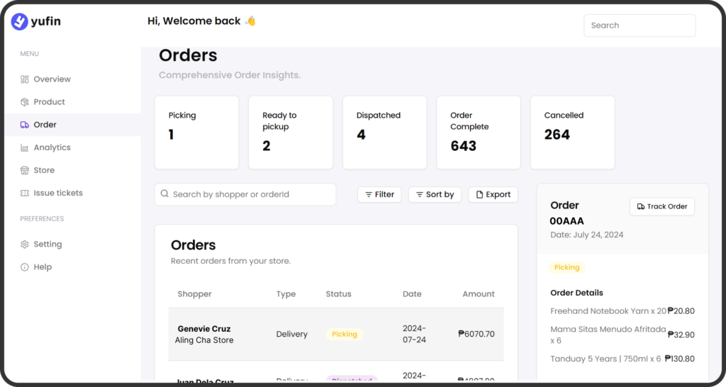 A screenshot of yufin's wholesaler dashboard, showing order insights, including number of orders by status, a list of orders with customer names, types, statuses, dates, and total amounts, and the details of the selected order.