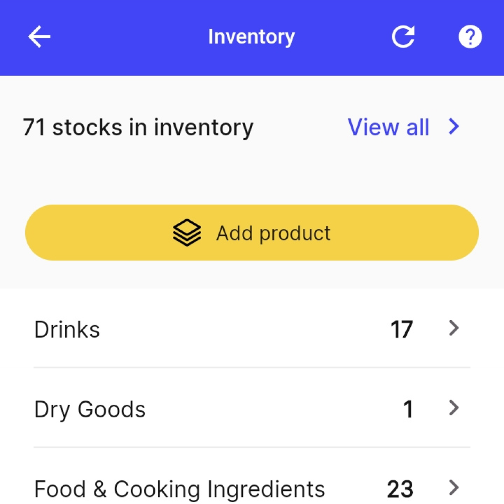 A screenshot of a yufin user's inventory, showing their total stock amount, an "Add Product" button, and a list of products with their remaining stock quantities.