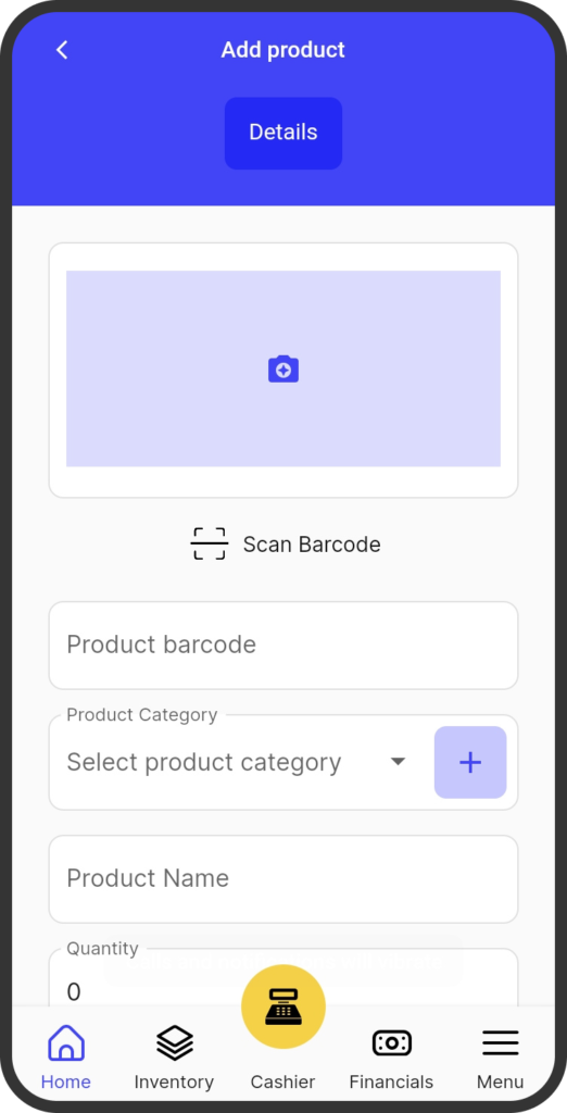 A screenshot of the yufin app's 'Add Product' feature, showing a button for scanning a product's barcode, and fields for entering the product's barcode, category, name, and quantity.