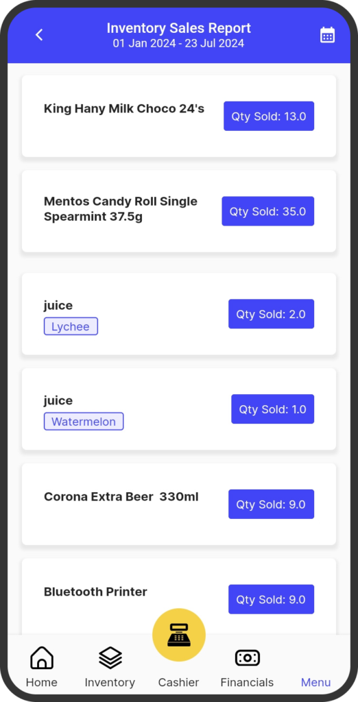 A screenshot of the yufin app's 'Inventory Sales Report' feature, showing the date range, and a list of products with their quantities sold.