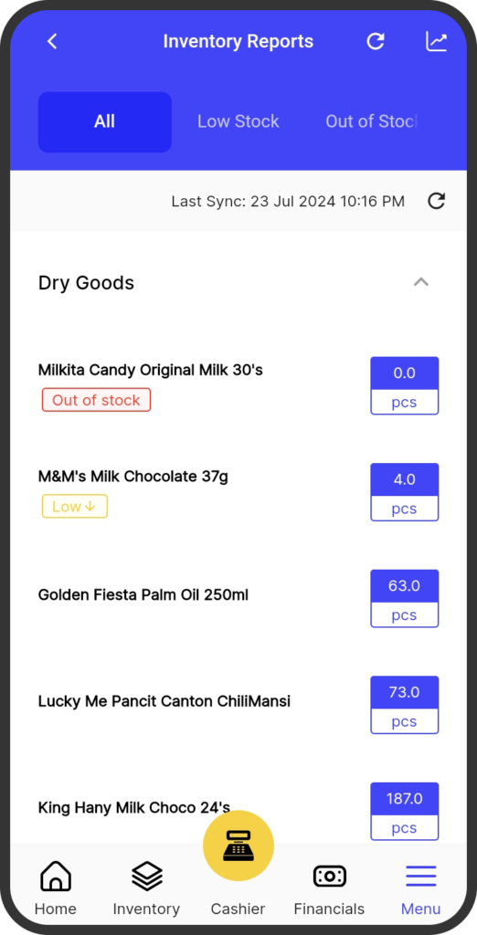 A screenshot of the yufin app's 'Inventory Reports' feature, showing three tabs ("All", "Low Stock", and "Out of Stock"), and a list of products tagged with their stock status and their quantities sold.