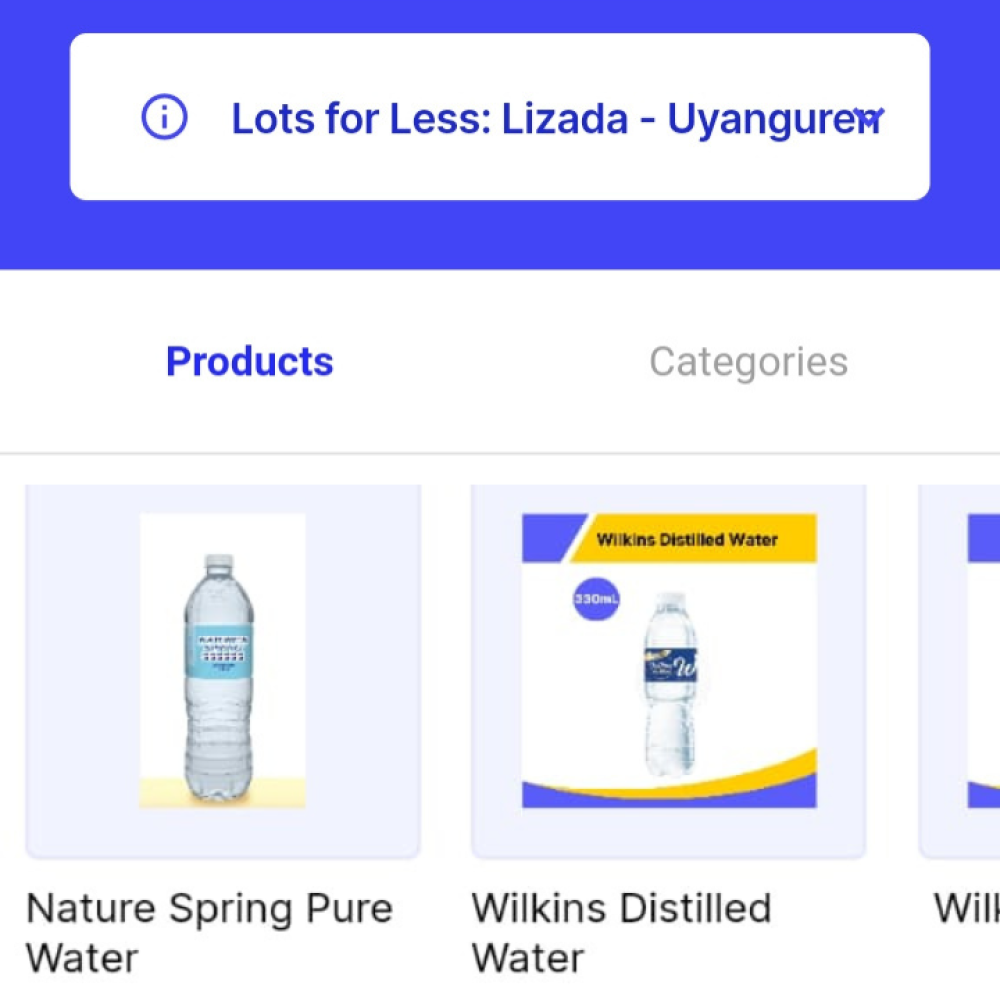 A screenshot of the yufin app's 'Order' page, showing the selected Lots for Less branch, two tabs ("Products" and "Categories"), and a product catalog with photos and names.