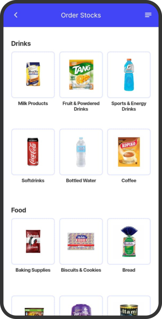 A screenshot of the yufin app's 'Order' page, showing the various categories with corresponding product photos and names below each category.