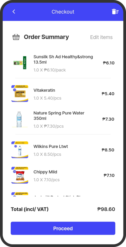 A screenshot of the yufin app's 'Checkout' page, showing the order summary with product photos, names, quantities, and prices, an "Edit Items" button, the total amount, and a "Proceed" button.