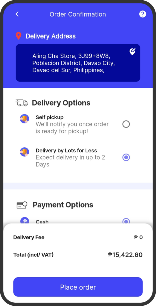 A screenshot of the yufin app's 'Order Confirmation' page, showing the delivery address, delivery options, payment options, delivery fee, total amount, and a "Place Order" button.