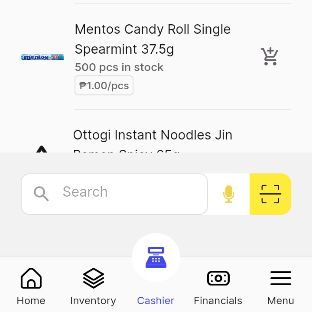 A screenshot of the yufin app's 'Cashier' feature, showing a search bar for typing, voice input, or scanning a barcode to find products, and a list of products with their photos, names, remaining quantities, and prices.