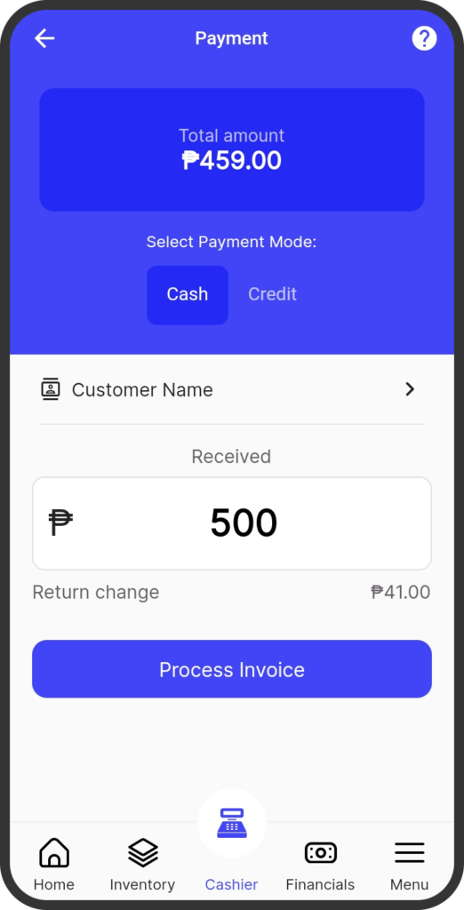 A screenshot of the yufin app's 'Cashier' feature, showing the order's total amount, payment options, customer name, amount received, change due, and a "Process Invoice" button.