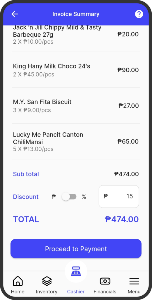 A screenshot of an invoice summary in the yufin app, showing a list of ordered products with quantities and prices, subtotal, discount, total amount, and a "Proceed to Payment" button.