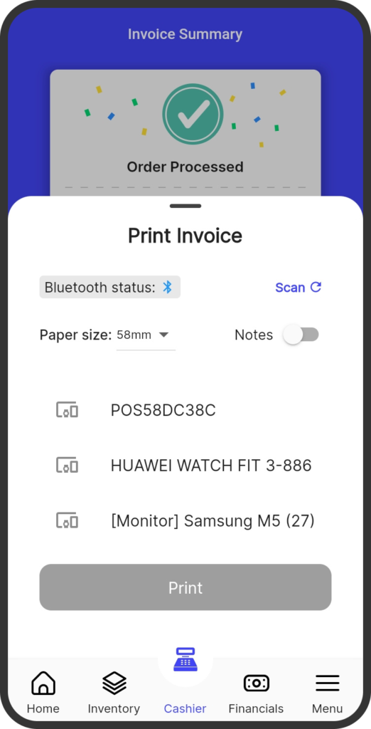 A screenshot of an invoice summary in the yufin app, showing a bottom sheet for printing the invoice, including Bluetooth status, paper size options, a list of available devices, and a "Print" button.