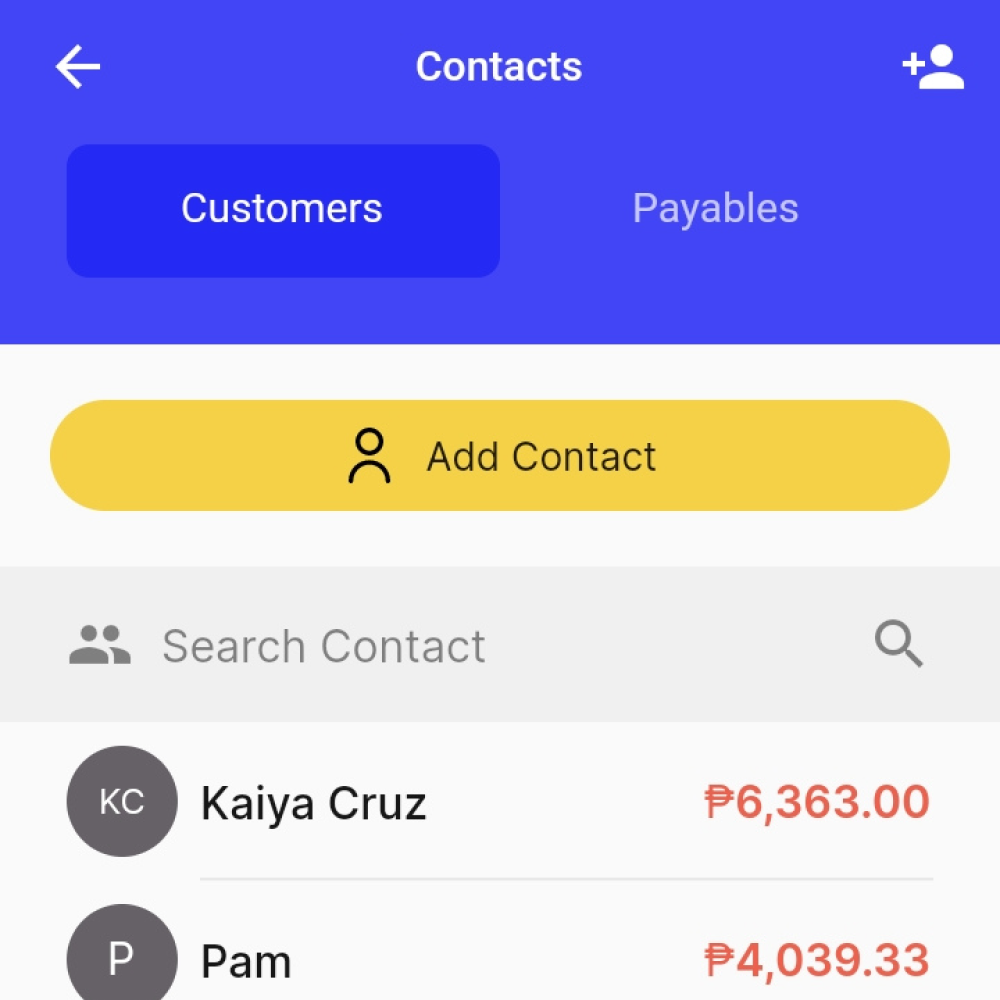 A screenshot of yufin's 'Utang, Payables' feature, showing two tabs ("Customers" and "Payables"), an "Add Contact" button, a search bar, and a list of the user's contacts with their photos, names, and utang amounts.