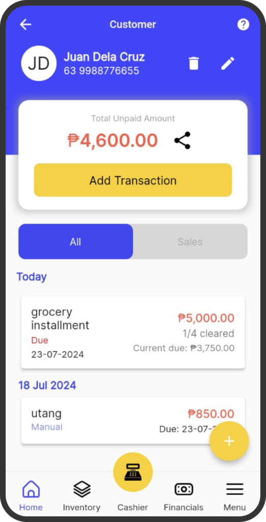 A screenshot of one of yufin user's customer's information, showing the contact's name, mobile number, utang amount, an "Add Transaction" button, and a list of all their utang transactions.