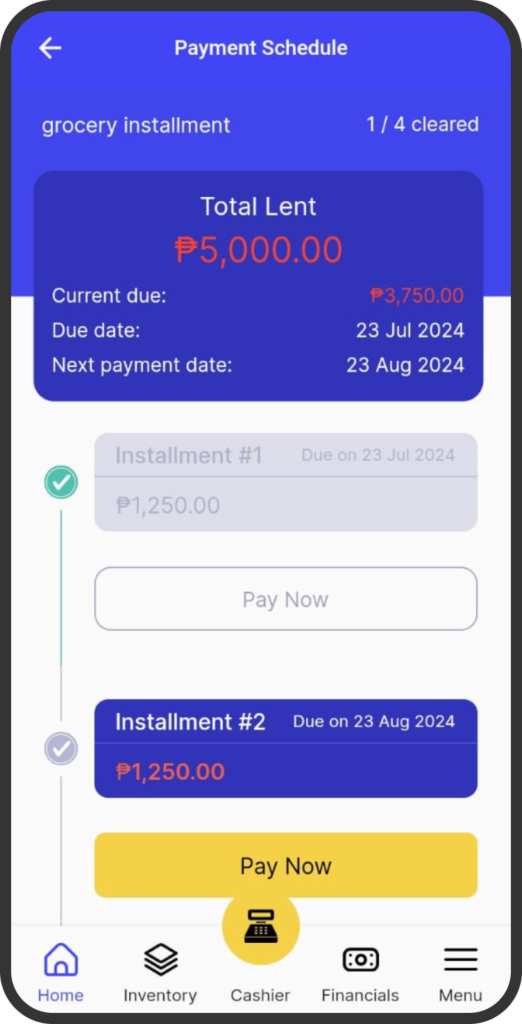 A screenshot of one of yufin user's customer's payment schedule, showing the total amount lent, due and next payment dates, list of installments, and a "Pay Now" button.