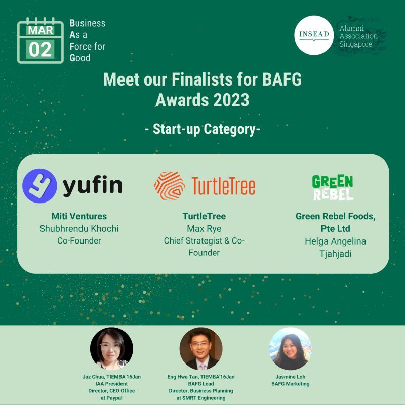 An illustration for BAFG Awards 2023, with yufin, TurtleTree, and Green Rebel as finalists in the start-up category.