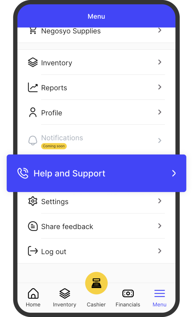 A screenshot of the yufin app's 'Menu' page, highlighting the 'Help and Support' section.