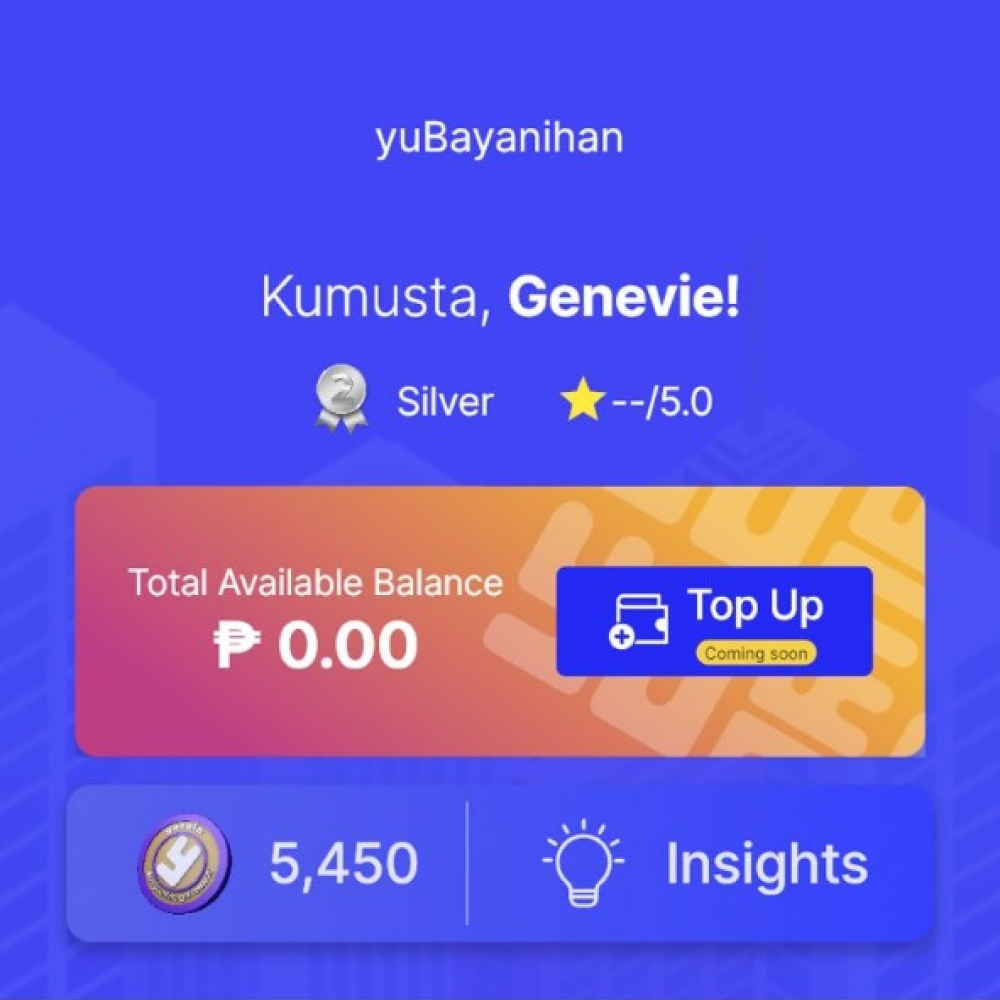 A screenshot of the yufin app's home page, showing medal status (bronze, silver, or gold), rating, wallet balance, number of yuCoins, and an "Insights" button.