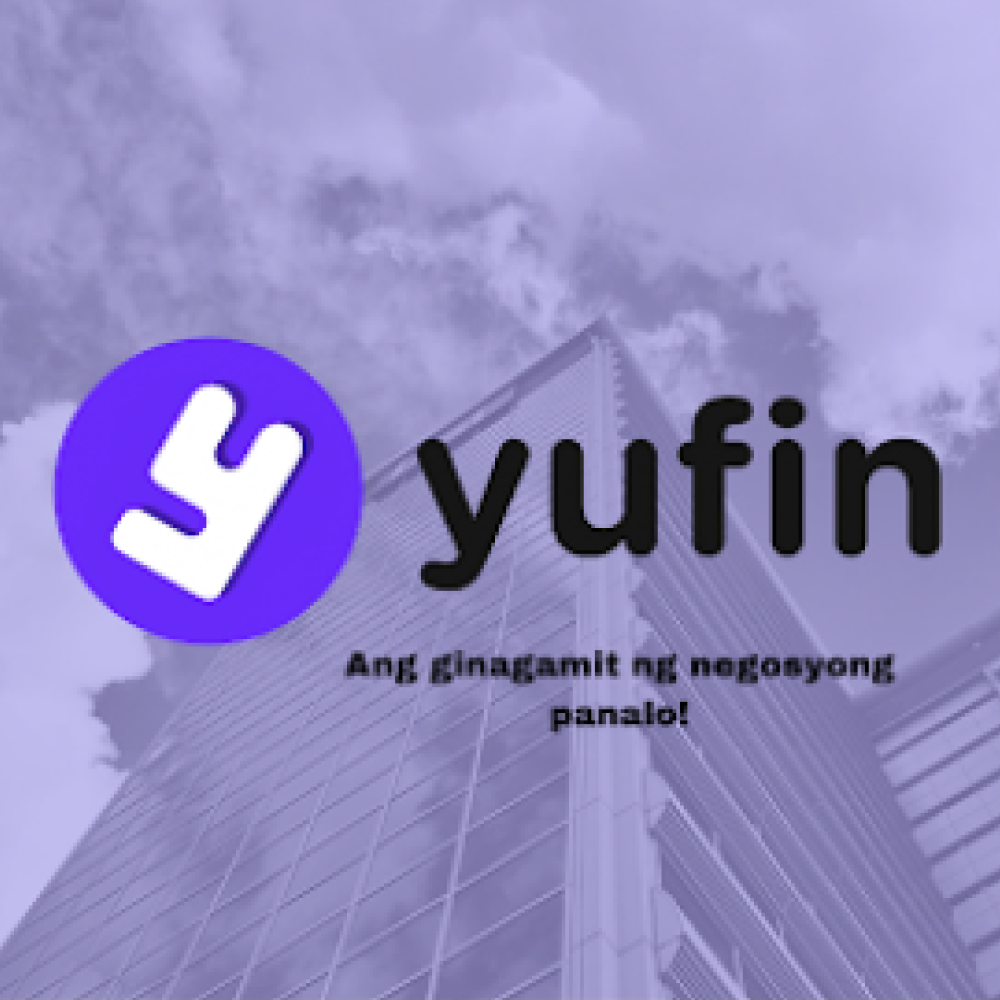 Logotype of yufin in black text, with a building as a background