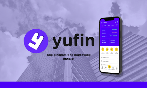 Logotype of yufin in black text, with a building as a background