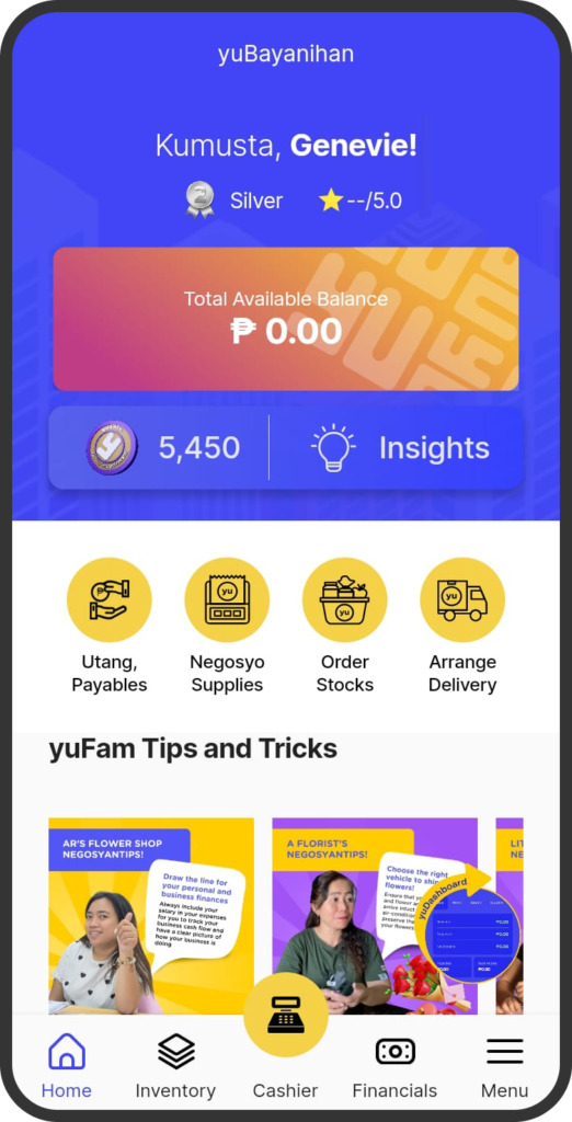 A screenshot of the yufin app's home page, showing medal status (bronze, silver, or gold), rating, wallet balance, number of yuCoins, an "Insights" button, four features ("Utang, Payables", "Negosyo Supplies", "Order Stocks", and "Arrange Delivery"), and a "Tips and Tricks" section.