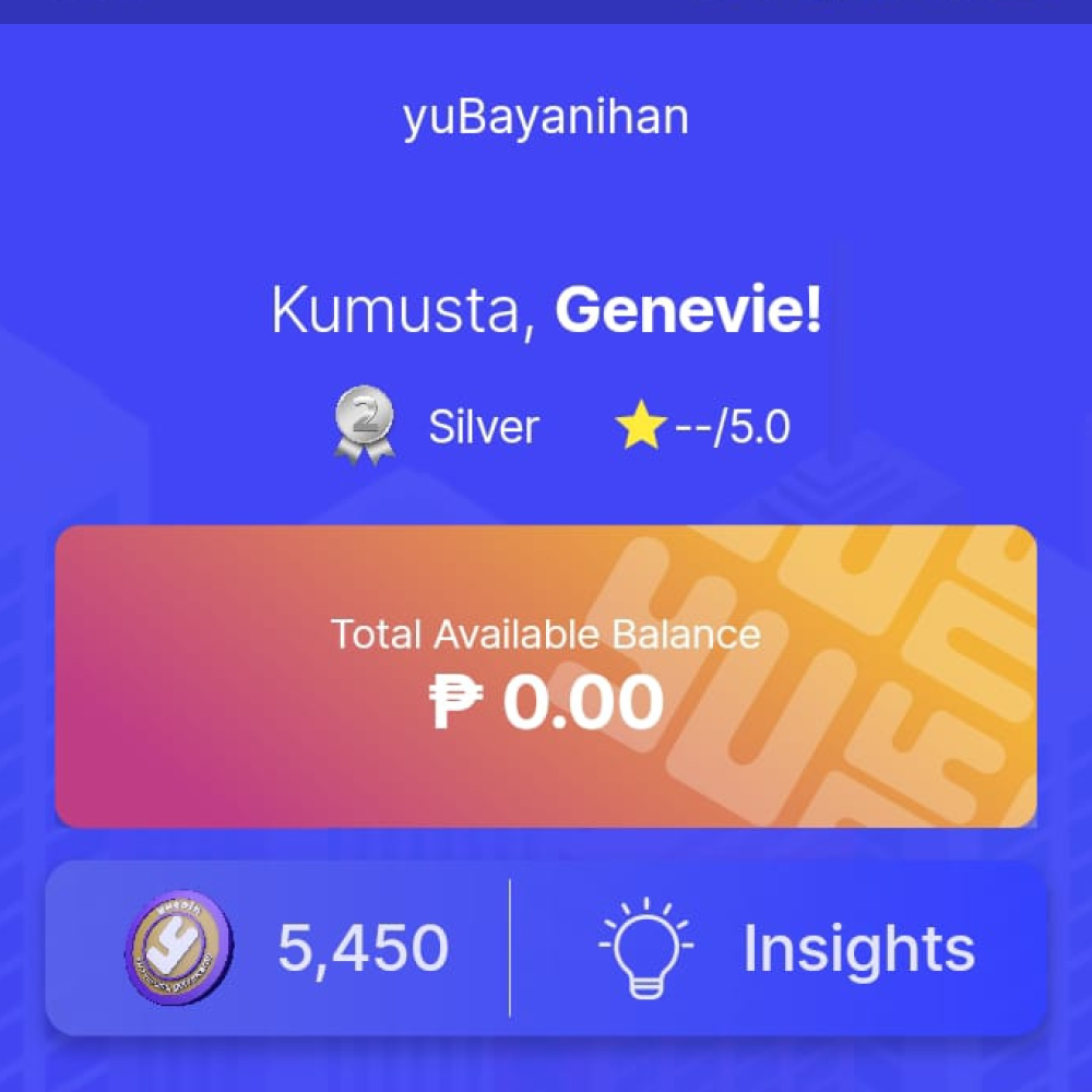 A screenshot of the yufin app's home page, showing medal status (bronze, silver, or gold), rating, wallet balance, number of yuCoins, and an "Insights" button.