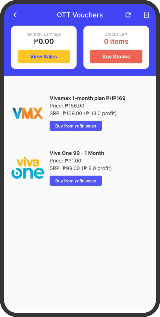 A screenshot of the yufin app's ‘OTT Vouchers’ page, showing total sales, stocks left, and available vouchers.