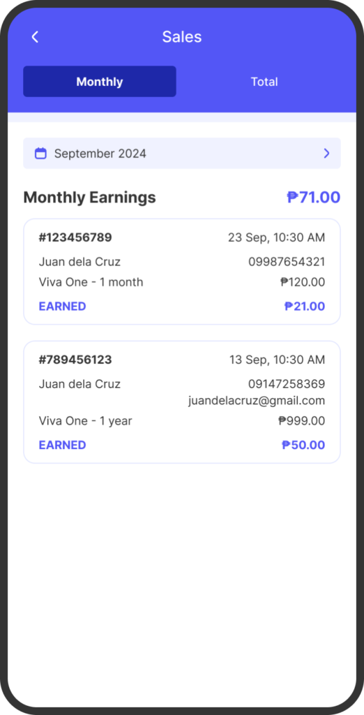 A screenshot of the yufin app's ‘Sales’ page, showing monthly earnings.