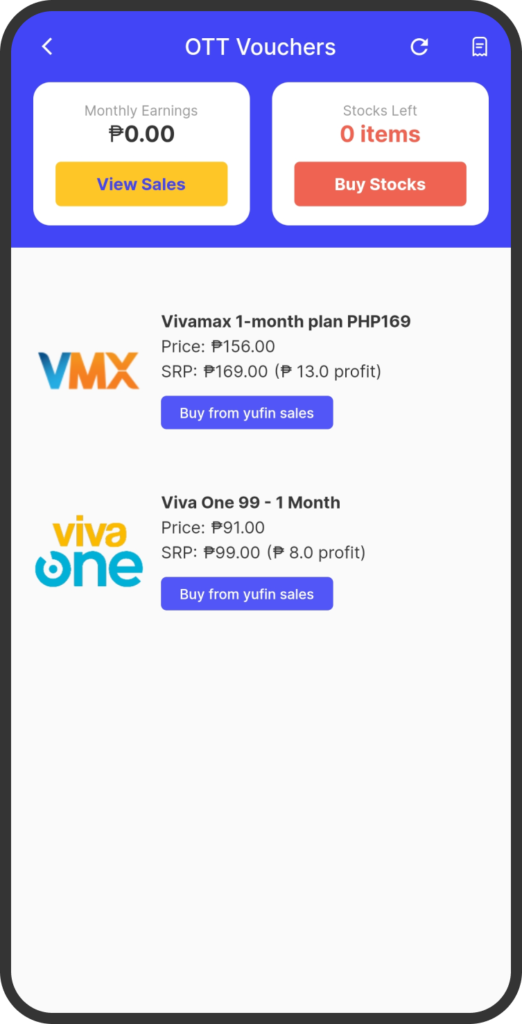 A screenshot of the yufin app's ‘OTT Vouchers’ page, showing total sales, stocks left, and available vouchers.