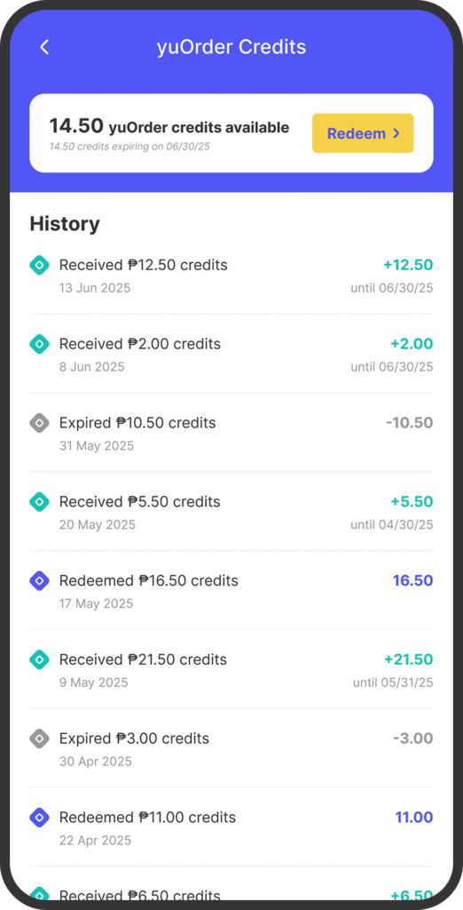 A screenshot of the yufin app's 'yuOrder Credits' page, showing the credit balance and history.