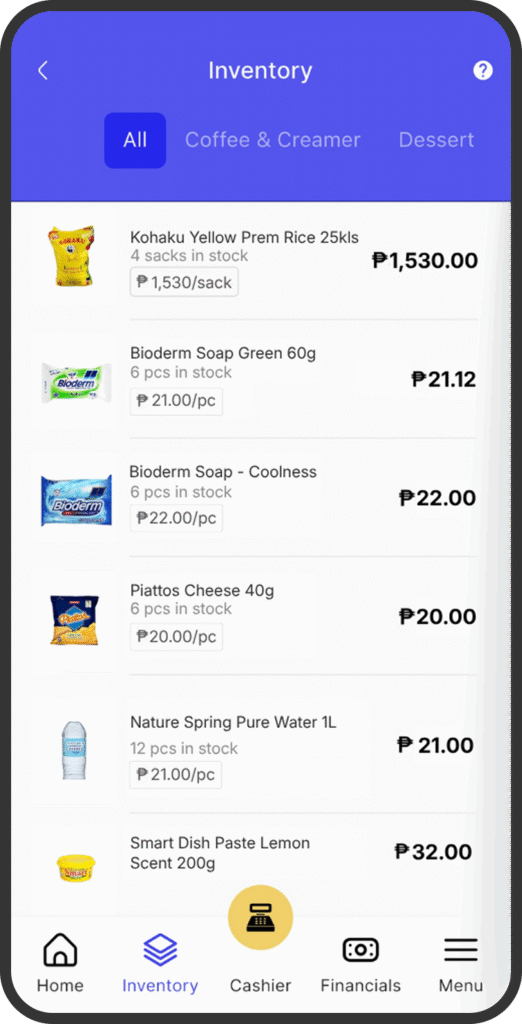 A screenshot of the Inventory page.